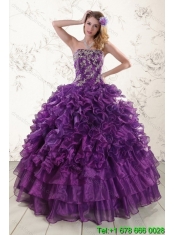 Best Purple Strapless Appliques and Ruffles Quince Dresses for 2015