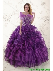 Best Purple Strapless Appliques and Ruffles Quince Dresses for 2015