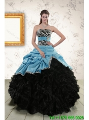 Best Zebra Print Multi Color Strapless Quince Dresses with Ruffles and Pick Ups