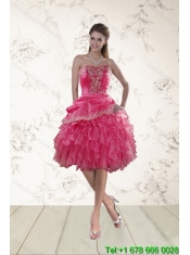 Classical 2015 Hot Pink Quince Dresses with Ruffles and Appliques