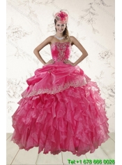 Classical 2015 Hot Pink Quince Dresses with Ruffles and Appliques