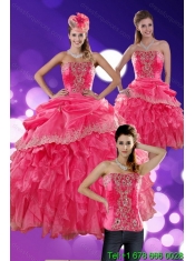 Classical 2015 Hot Pink Quince Dresses with Ruffles and Appliques