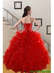 Classical 2015 Sweetheart Red Quince Gowns with Beading and Ruffles