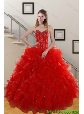 Classical 2015 Sweetheart Red Quince Gowns with Beading and Ruffles