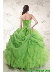 Classical Spring Green Strapless Sweet 15 Dresses with Ruffles and Beading