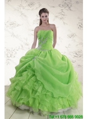 Classical Spring Green Strapless Sweet 15 Dresses with Ruffles and Beading