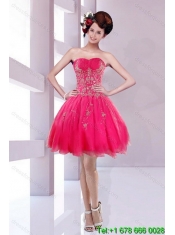 Classical Strapless Floor Length Quince Dresses with Appliques in Hot Pink