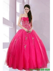 Classical Strapless Floor Length Quince Dresses with Appliques in Hot Pink