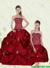 Classical Wine Red Strapless Quinceanera Gown with Embroidery and Pick Ups