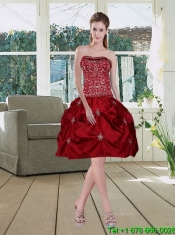 Classical Wine Red Strapless Quinceanera Gown with Embroidery and Pick Ups