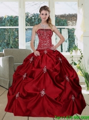 Classical Wine Red Strapless Quinceanera Gown with Embroidery and Pick Ups