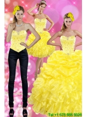 Most Popular Yellow 2015 Quince Dresses with Beading and Ruffles