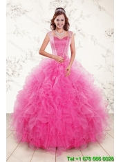 Popular 2015 Sweetheart Hot Pink Quince Gown with Beading and Ruffles