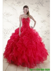 Red Sweetheart Quince Dresses with Ruffles and Beading for 2015