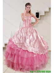 Strapless Pink 2015 Cute Quinceanera Dresses with Embroidery and Ruffles