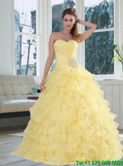 Yellow Beaded and Ruffled Sweetheart Quinceanera Dress for 2015