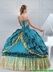 2015 Cheap Teal Off The Shoulder Sweet 15 Dress with Embroidery and Pick Ups