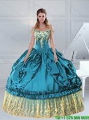 2015 Cheap Teal Off The Shoulder Sweet 15 Dress with Embroidery and Pick Ups