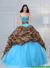 2015 Classical Leopard Print Baby Blue Quinceanera Dresses with Brush Train and Beading