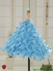 2015 Classical Leopard Print Baby Blue Quinceanera Dresses with Brush Train and Beading