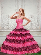2015 Classical Printed Sweetheart Ruffled Quinceanera Dresses in Hot Pink