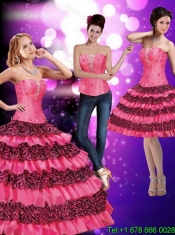 2015 Classical Printed Sweetheart Ruffled Quinceanera Dresses in Hot Pink