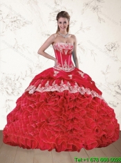 2015 Classical Red Strapless Appliques Quinceanera Dresses with Rolling Flowers
