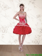2015 Classical Red Strapless Appliques Quinceanera Dresses with Rolling Flowers