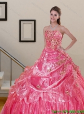 2015 Classical Watermelon Quinceanera Dress with Ruffled Layers and Appliques