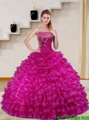 2015 Detachable and Perfect Fuchsia Quinceanera Dress with Beading and Ruffled Layers