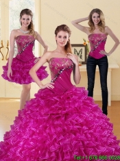 2015 Detachable and Perfect Fuchsia Quinceanera Dress with Beading and Ruffled Layers