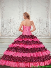 2015 Elegant Hot Pink Strapless Quinceanera Dresses with Beading and Ruffled Layers