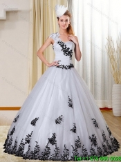 2015 Elegant One Shoulder Sweetheart White and Black Quinceanera Dress with Appliques