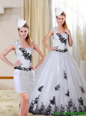 2015 Elegant One Shoulder Sweetheart White and Black Quinceanera Dress with Appliques