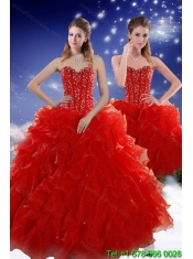 2015 Elegant Red Sweet 15 Dresses with Beading and Ruffles