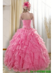 2015 Elegant Rose Pink Quinceanera Dresses with Ruffles and Beading