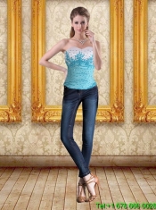 2015 Elegant Strapless Beading and Appliques Quinceanera Dress in White and Blue