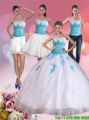 2015 Elegant Strapless Beading and Appliques Quinceanera Dress in White and Blue