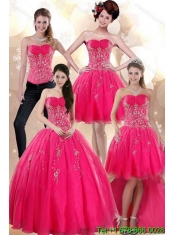 2015 Elegant Strapless Hot Pink Dresses for Quince with Appliques