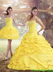 2015 Elegant Yellow Strapless Beading 2015 Quinceanera Dresses with Brush Train