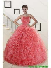 2015 Inexpensive Watermelon Sweet 15 Cheap Dresses with Beading and Ruffles