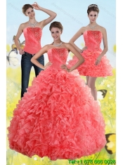 2015 Inexpensive Watermelon Sweet 15 Cheap Dresses with Beading and Ruffles