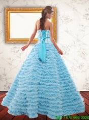2015 Light Blue Strapless Cheap Quinceanera Dresses with Beading and Ruffled Layers