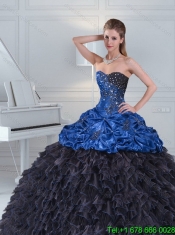 2015 Modest Beading and Pick Ups Blue and Black Sweetheart Cheap Quince Dresses