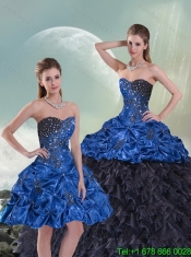 2015 Modest Beading and Pick Ups Blue and Black Sweetheart Cheap Quince Dresses