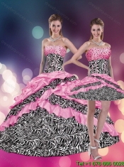 2015 Perfect Pink Beaded Zebra Printed Quinceanera Dresses with Ruffles and Pick Ups