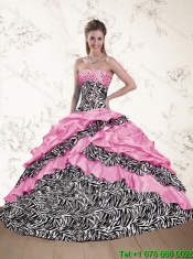2015 Perfect Pink Beaded Zebra Printed Quinceanera Dresses with Ruffles and Pick Ups