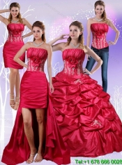 2015 Perfect Strapless Red Quinceanera Dress with Appliques and Pick Ups