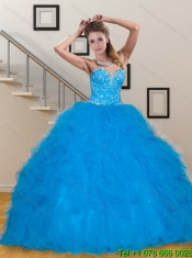2015 Perfect Sweetheart Sequined Teal Quinceanera Dresses with Ruffles