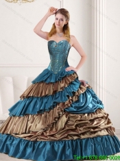 2015 Perfect Teal and Brown Sweetheart Sweet 15 Dress with Beading and Ruffled Layers